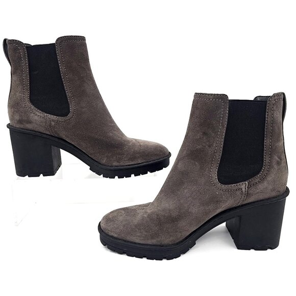 Vince Suede Leather Water Repellent Gray Chunky Heel Bootie Boots Women's 7M - Picture 1 of 10